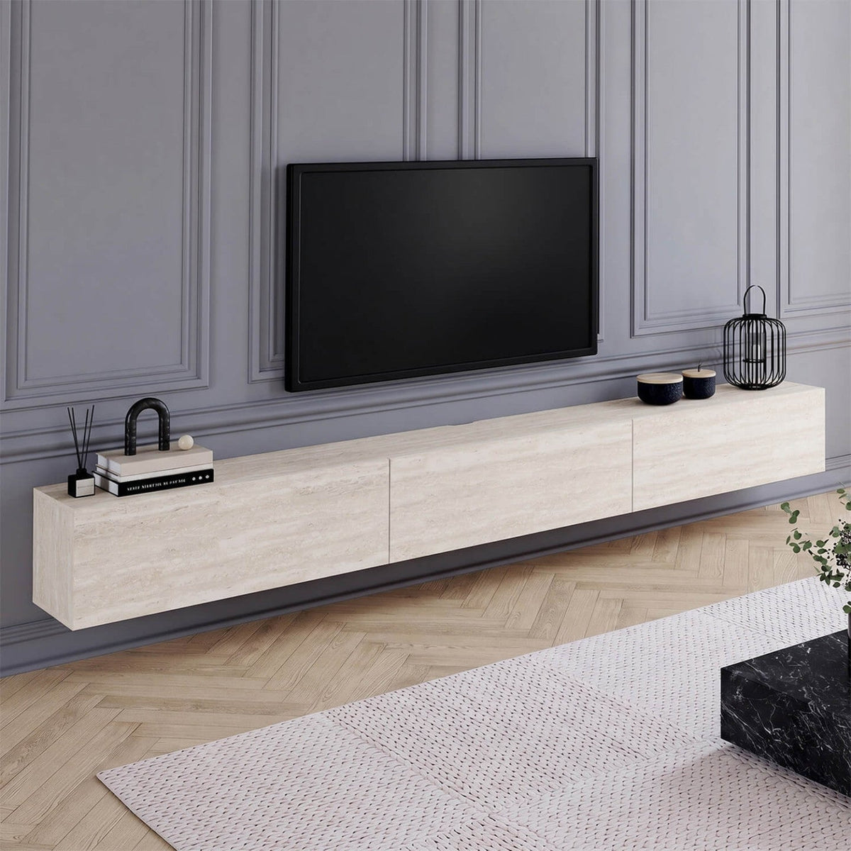 Meuble TV suspendu ELIO 270 cm, 3 portes, effet travertin