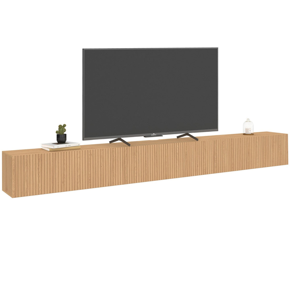 Meuble TV suspendu JULIETTE 270 cm, 3 portes à lattes en bois, coloris chêne