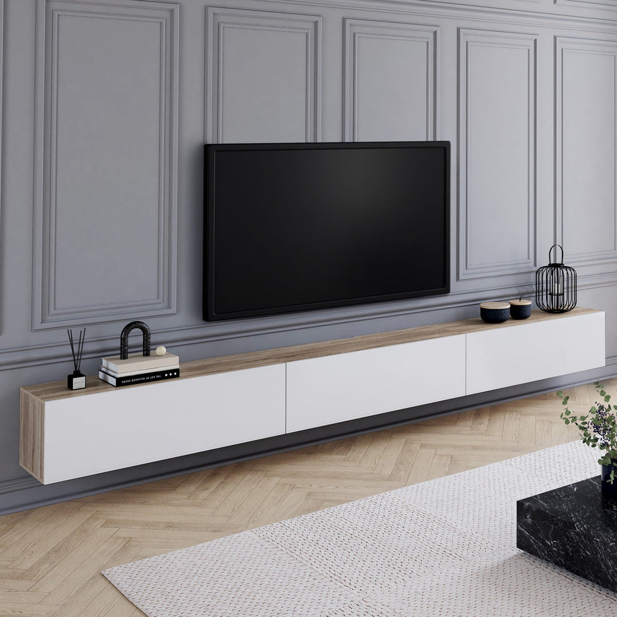 Meuble TV suspendu 300 cm ELIO 3 portes bois et blanc