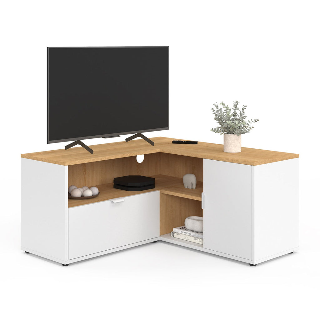 Meuble TV d'angle 90 x 90 cm BALTAZAR aspect hêtre et blanc
