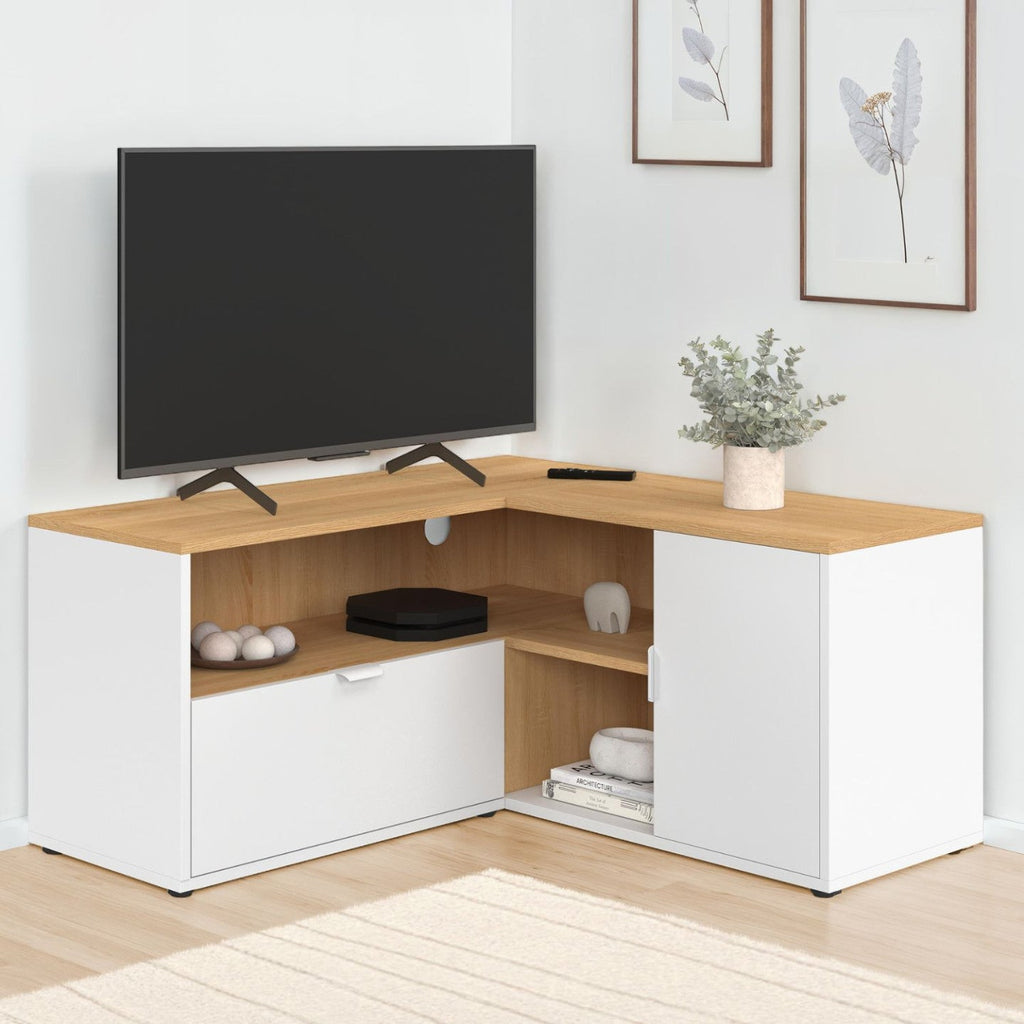 Meuble TV d'angle 90 x 90 cm BALTAZAR aspect hêtre et blanc