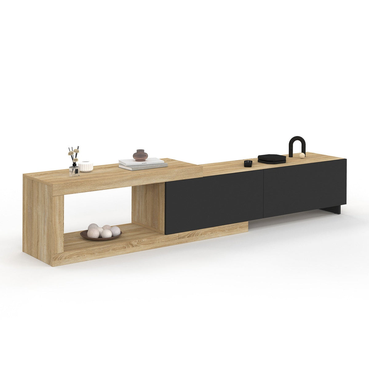 Meuble TV extensible 140-200 cm RAPHAEL 2 portes bois et noir