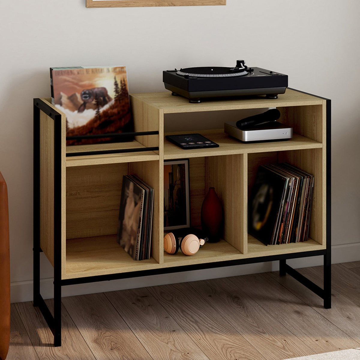 Meuble d'appoint, buffet de rangement avec étagères, support vinyles, pour platine 100 cm DETROIT bois et noir design industriel