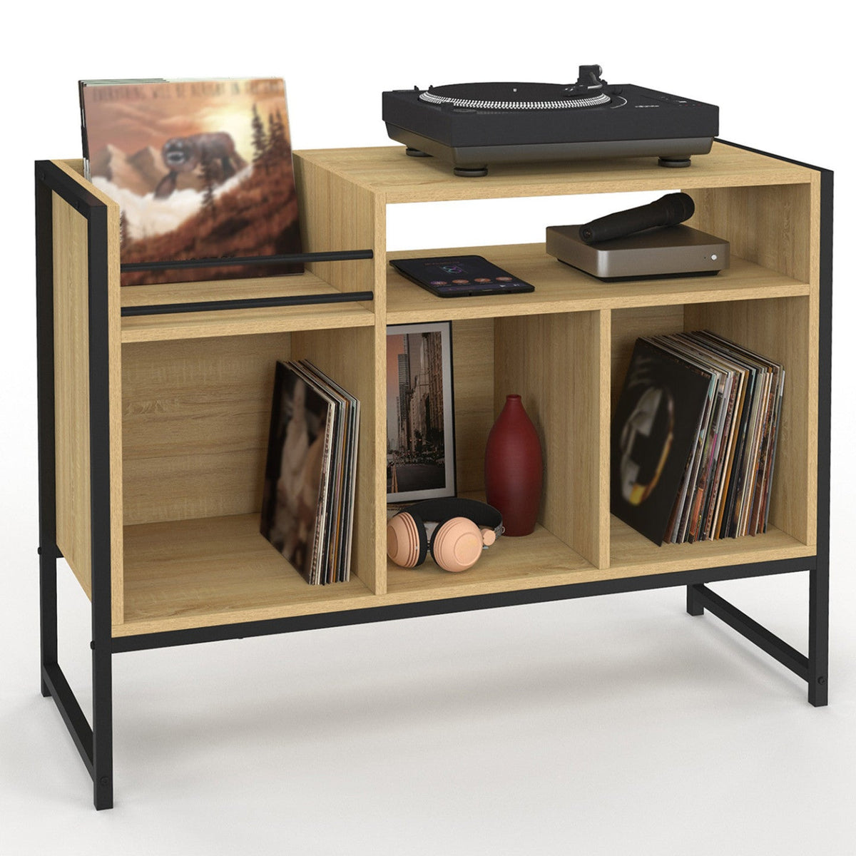 Meuble d'appoint, buffet de rangement avec étagères, support vinyles, pour platine 100 cm DETROIT bois et noir design industriel