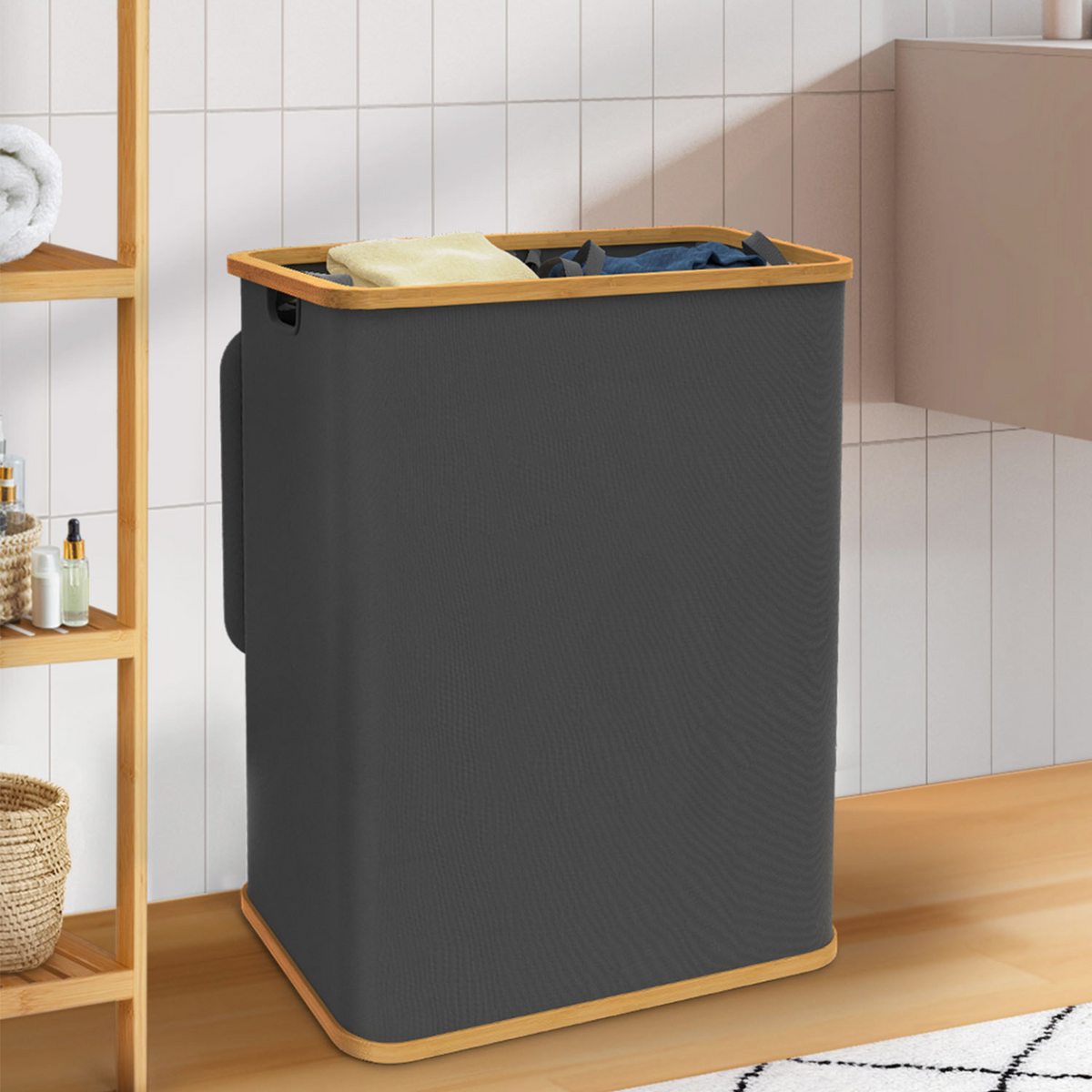 Panier à linge 140 L 2 compartiments amovibles bambou RITA tissu gris anthracite