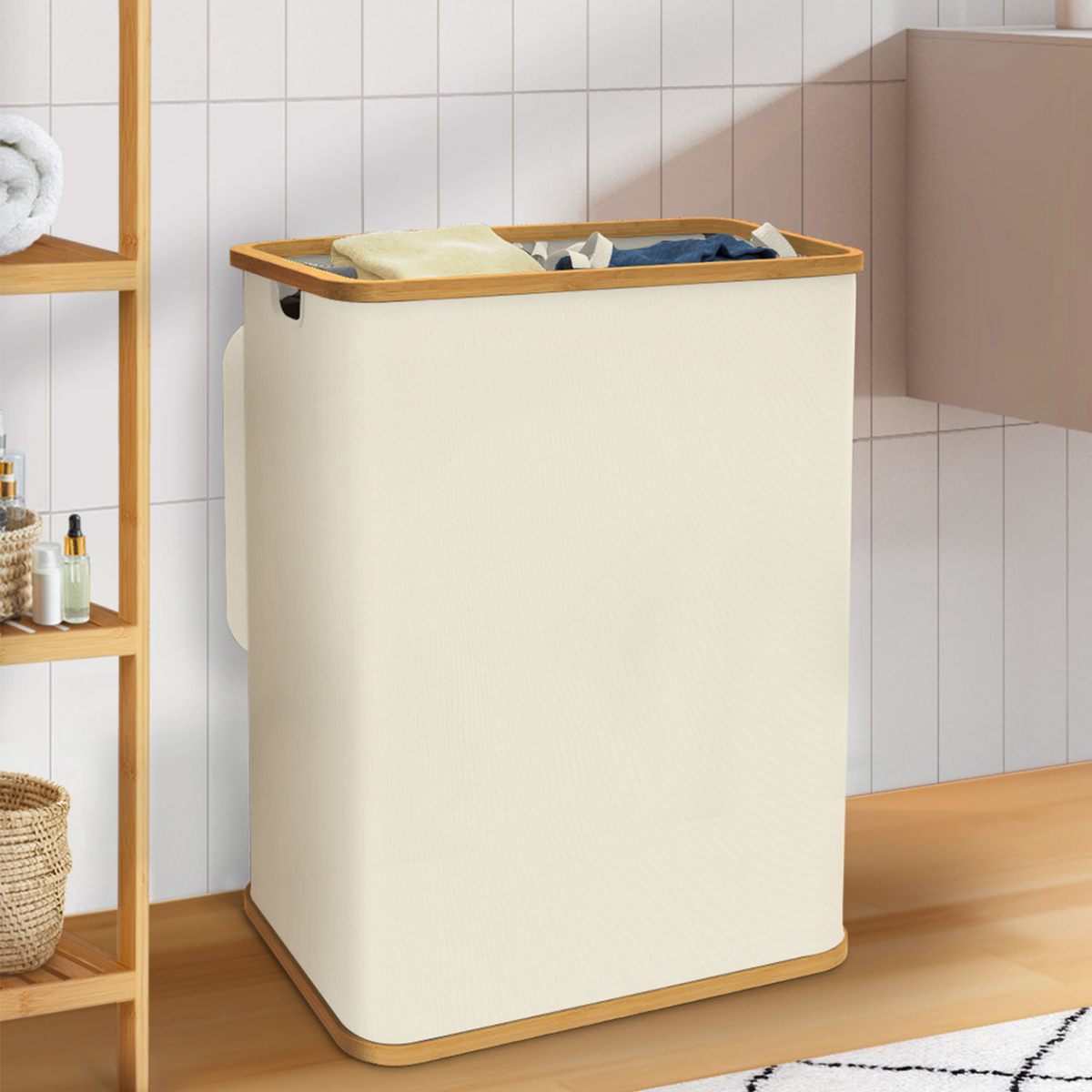 Panier à linge 140 L 2 bacs amovibles bambou RITA tissu écru