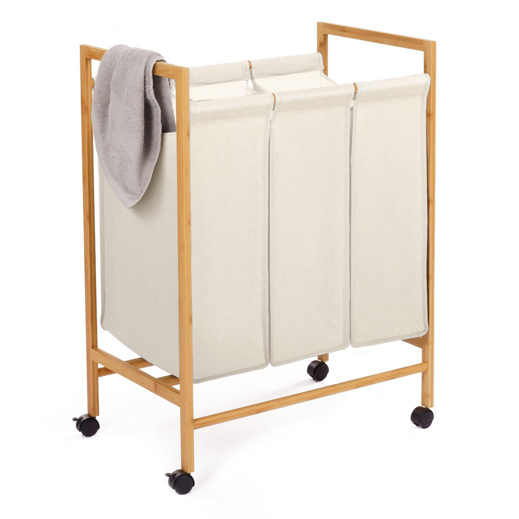 Panier à linge 3 compartiments en bambou RITA, tissu écru, avec roulettes