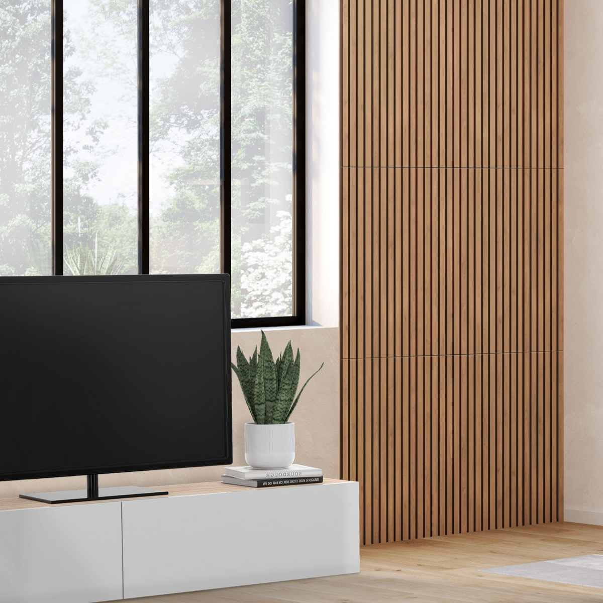 Panneaux acoustiques à tasseaux bois 240 x 60 cm effet chêne clair et noir