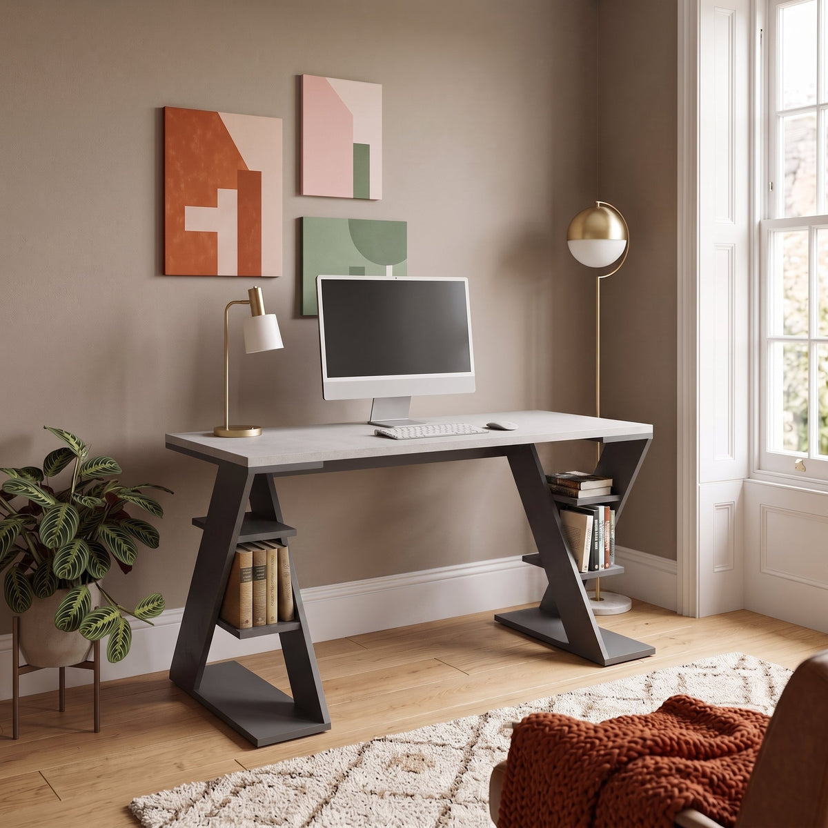 Papillon - Bureau moderne avec pieds étagères, largeur 137 cm