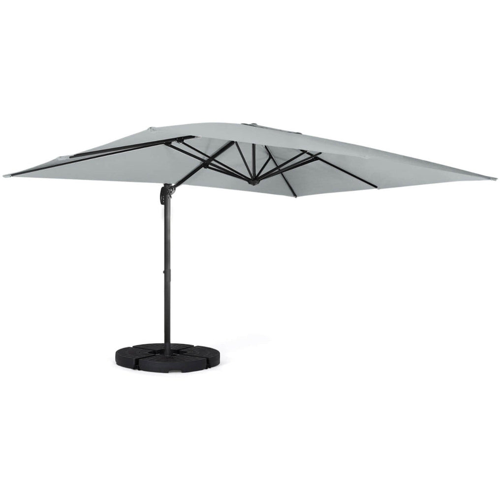 Parasol déporté inclinable rotatif 360 CALVI gris clair 3x4 m avec 4 dalles et housse