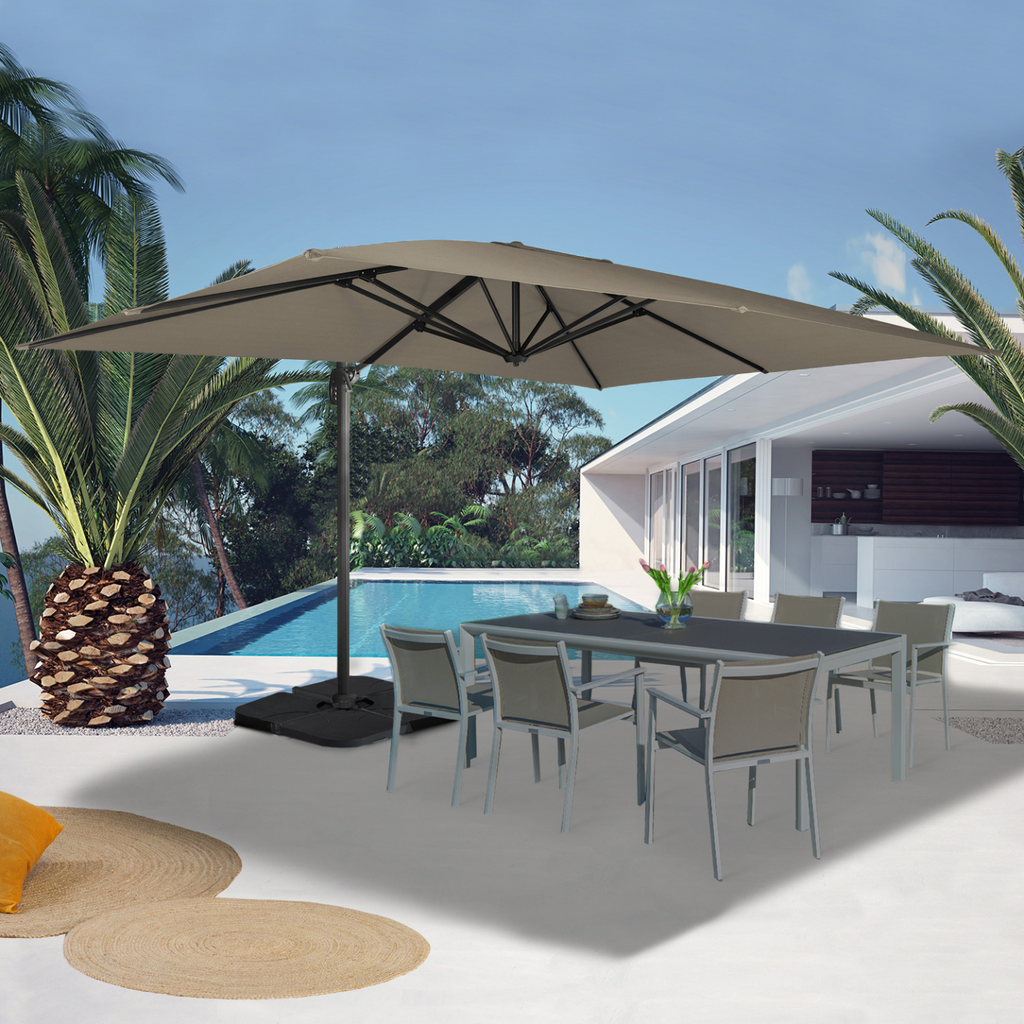 Parasol déporté rotatif 360 CALVI taupe 3x4 m avec 4 dalles et housse