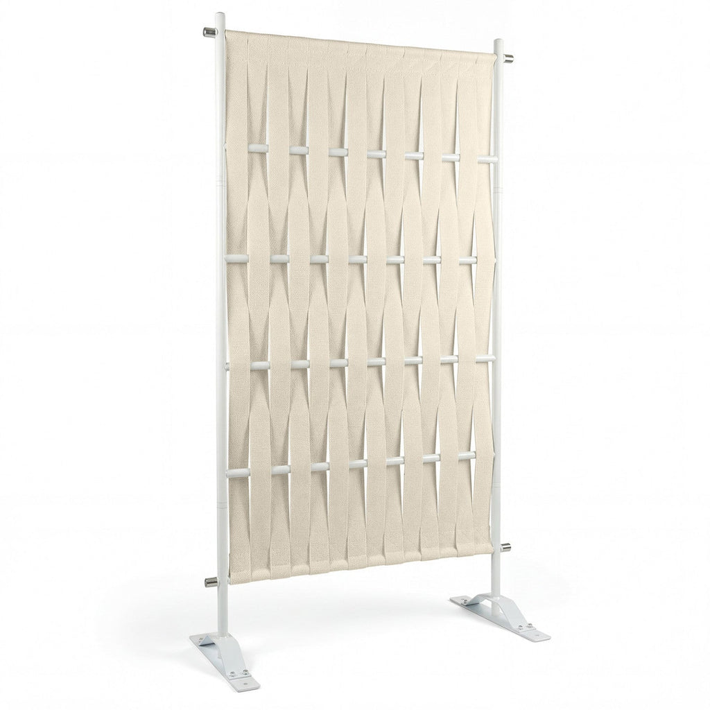 Paravent extérieur claustra décoratif 80 x 150 cm sangles beige et métal blanc