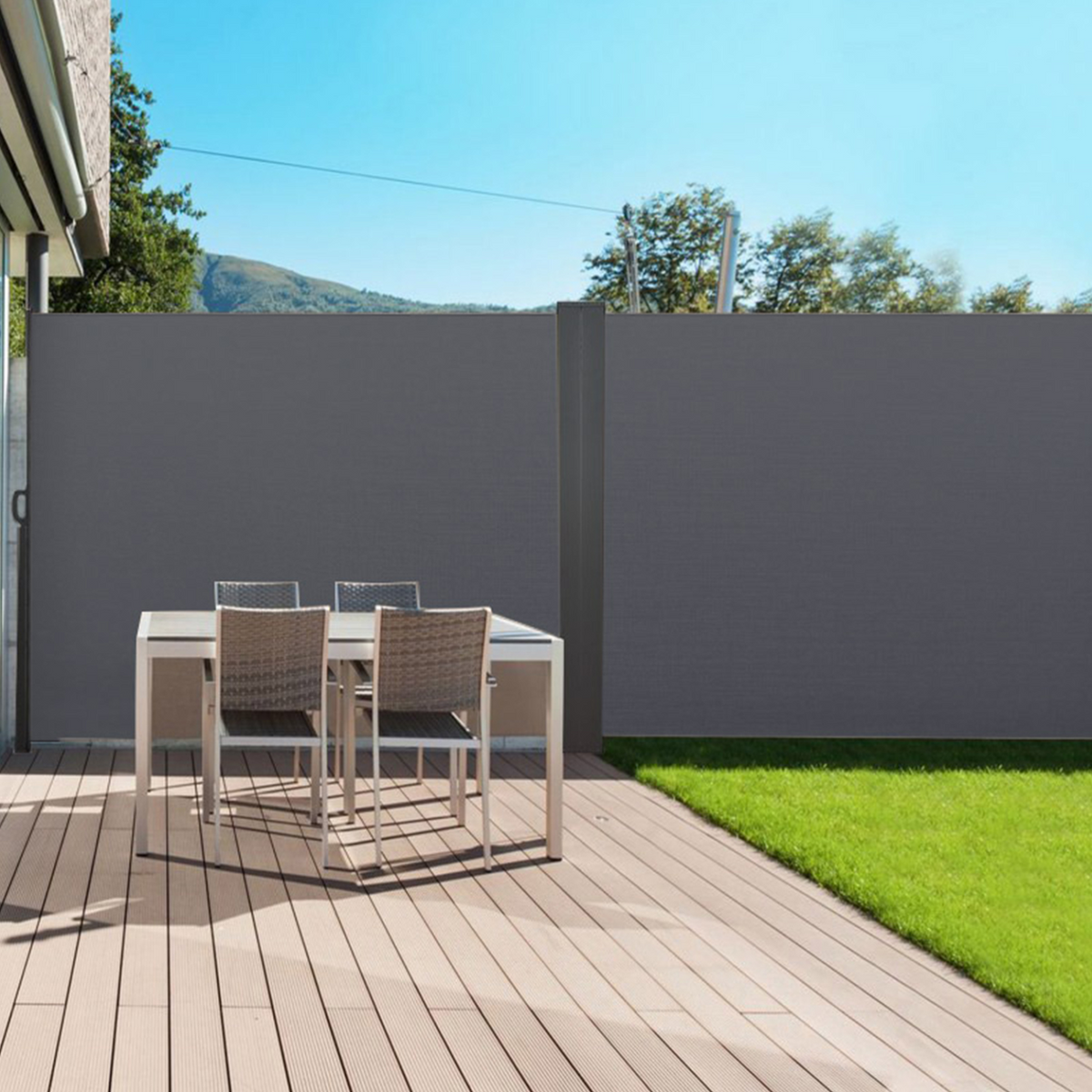 Paravent extérieur rétractable double 180 x 800 cm gris anthracite store latéral