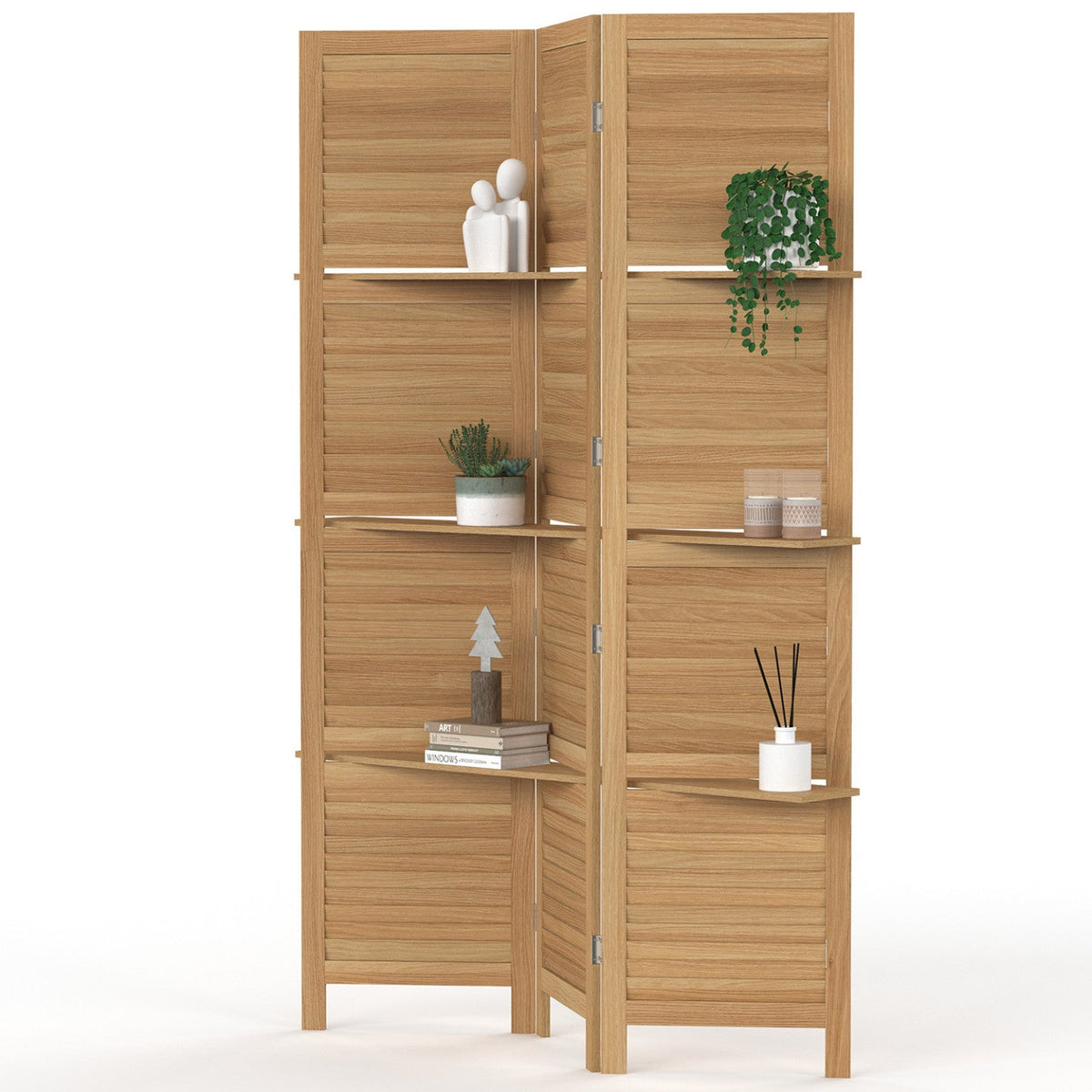 Paravent intérieur 3 panneaux à persiennes avec 3 étagères en bois