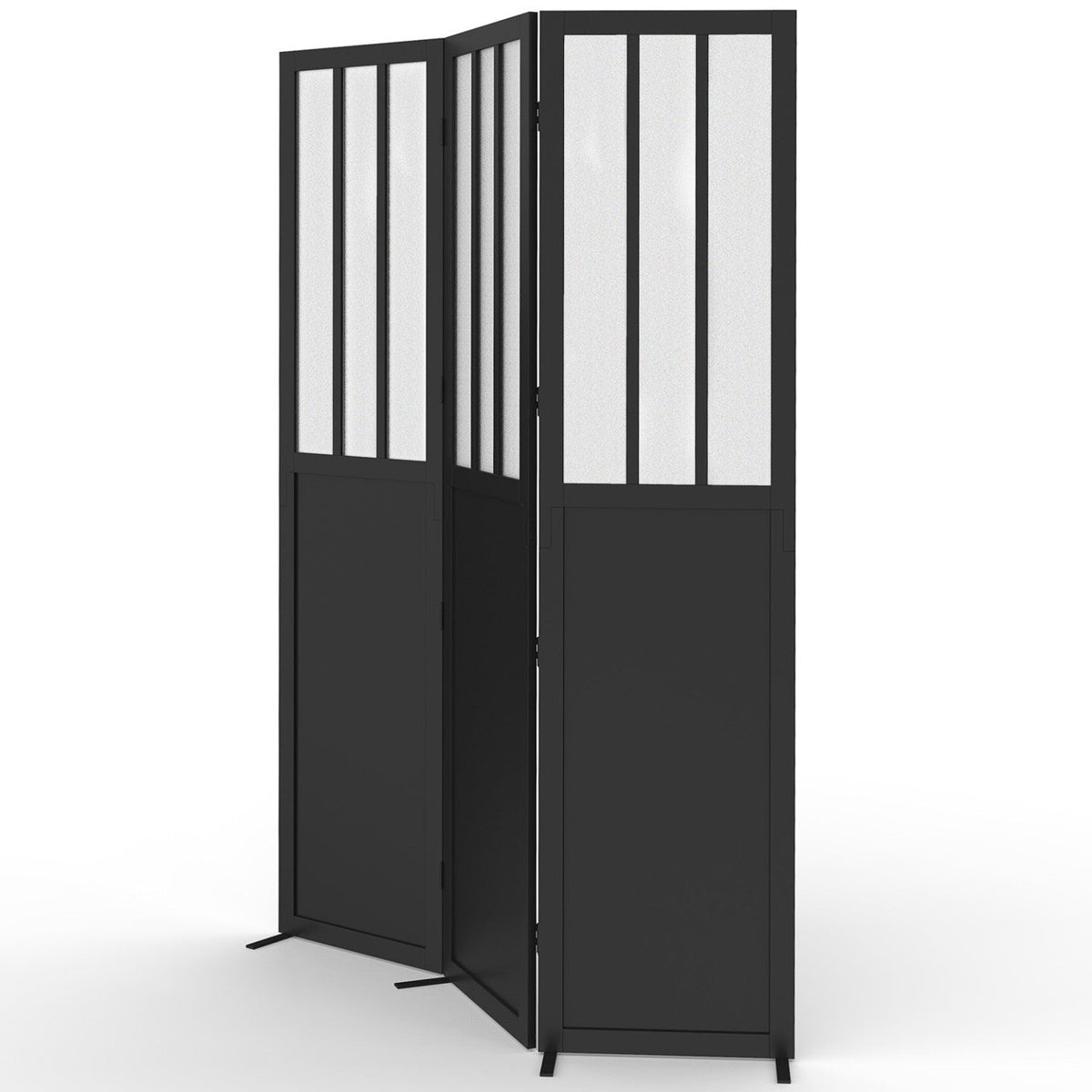 Cloison intérieure style verrière d'atelier noire avec vitres opaques