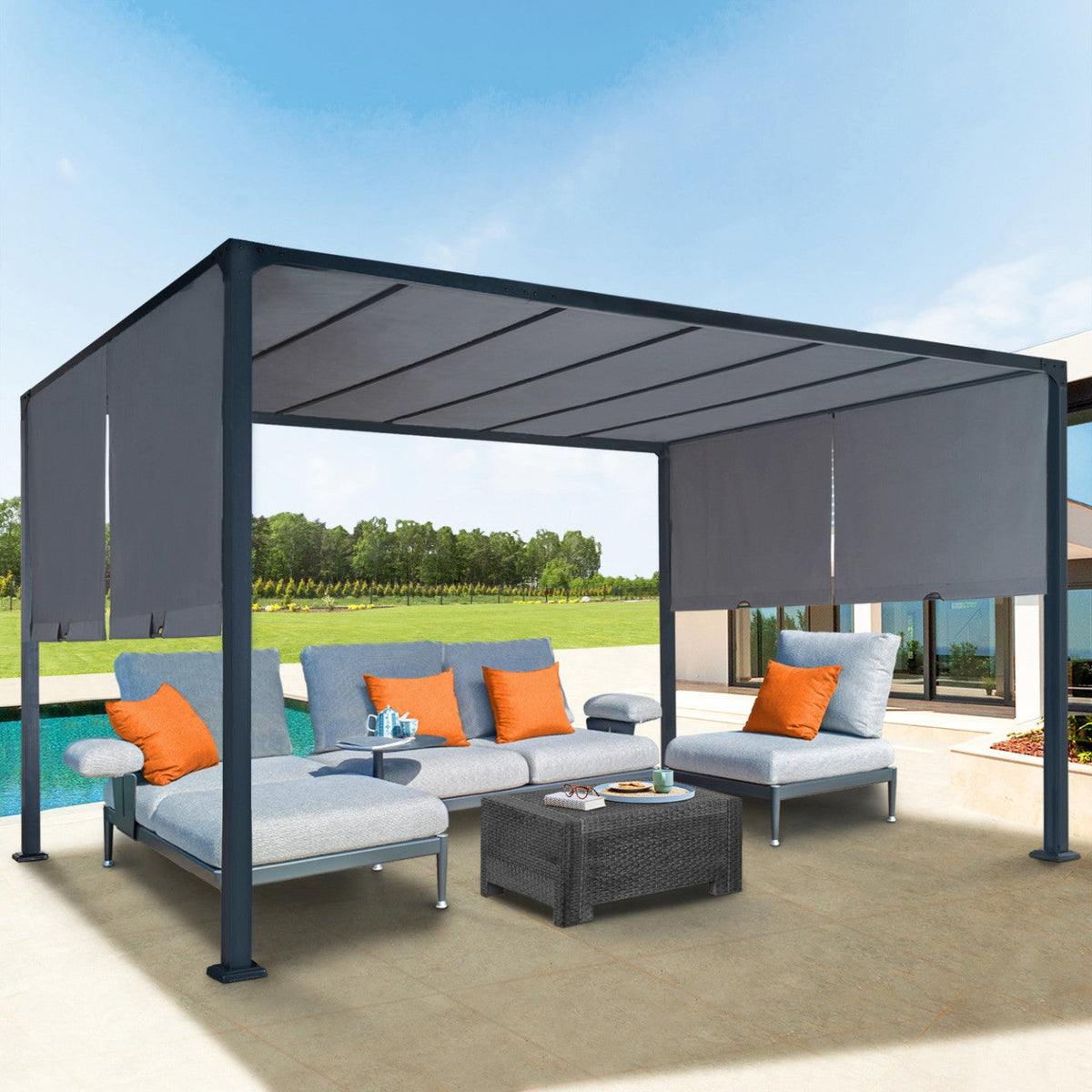 Pergola coulissante 2 pans 3x4 m belvédère de jardin toile gris anthracite