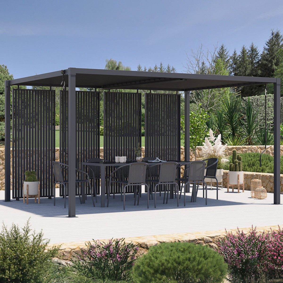 Pergola bioclimatique à lames orientables en acier 3x4 m avec stores verticaux gris anthracite