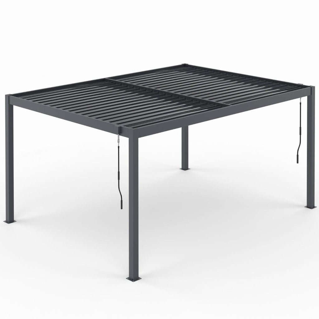 Pergola bioclimatique à lames orientables en acier 3x4 m avec rideaux et moustiquaire, gris anthracite