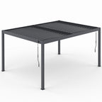 Pergola bioclimatique à lames orientables en acier 3x4 m avec rideaux et moustiquaire, gris anthracite