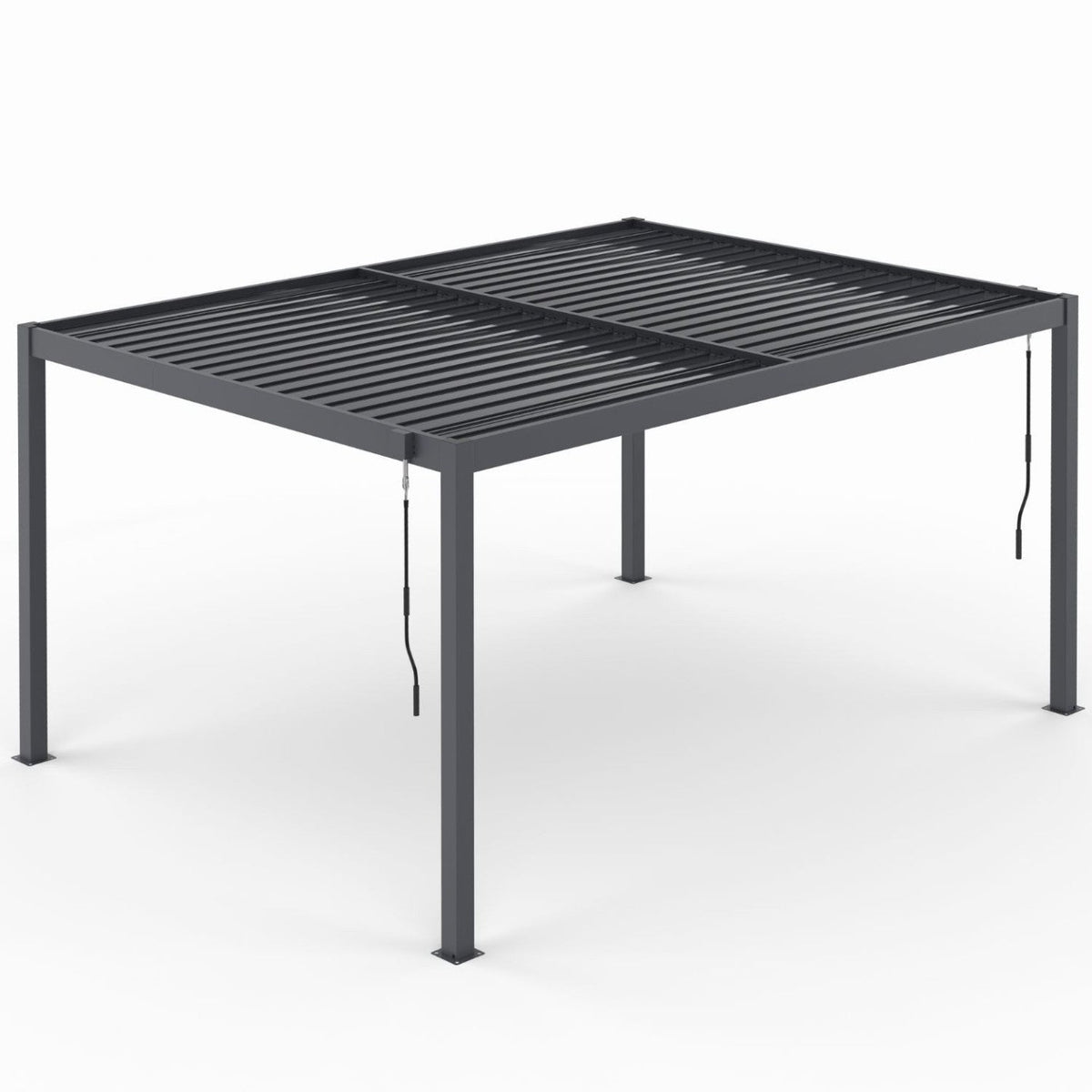 Pergola bioclimatique à lames orientables en acier 3x4 m avec rideaux et moustiquaire, gris anthracite