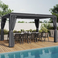 Pergola bioclimatique à lames orientables en acier 3x4 m avec rideaux et moustiquaire, gris anthracite