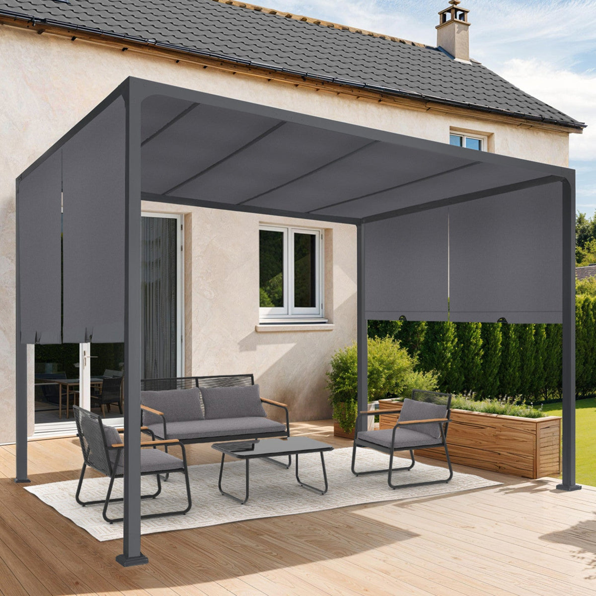 Pergola coulissante 2 pans 3x3 m belvédère de jardin toile gris anthracite