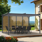 Pergola édition collector à persiennes horizontales effet bois avec toit rétractable 3x4 m, 4 côtés modulables, gris anthracite
