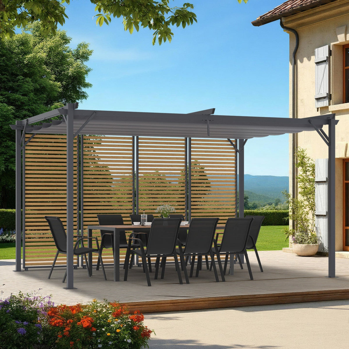 Pergola édition collector à persiennes horizontales effet bois avec toit rétractable 3x4 m, 4 côtés modulables, gris anthracite