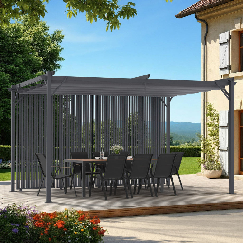 Pergola édition collector, persiennes verticales, toit rétractable 3x4 m, 4 pans modulables, gris anthracite