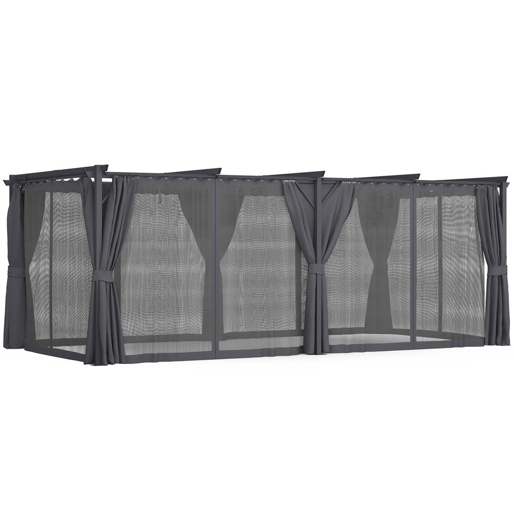 Pergola édition intégrale avec moustiquaire, toit rétractable 3x6 m et 6 rideaux gris
