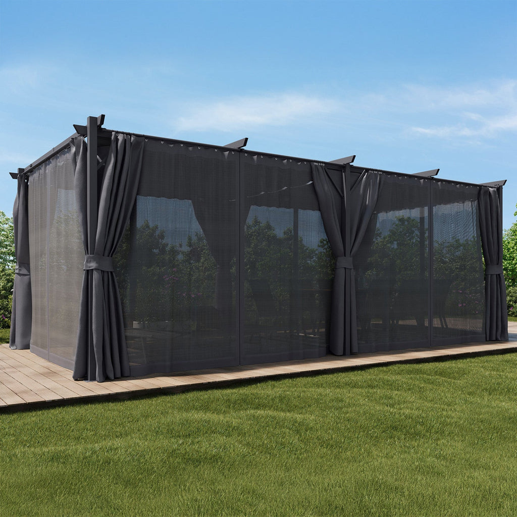 Pergola édition intégrale avec moustiquaire, toit rétractable 3x6 m et 6 rideaux gris