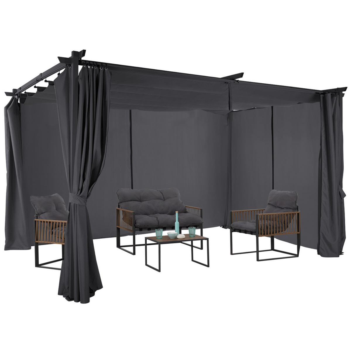 Pergola édition limitée toit rétractable 3x4 m et 4 rideaux gris anthracite