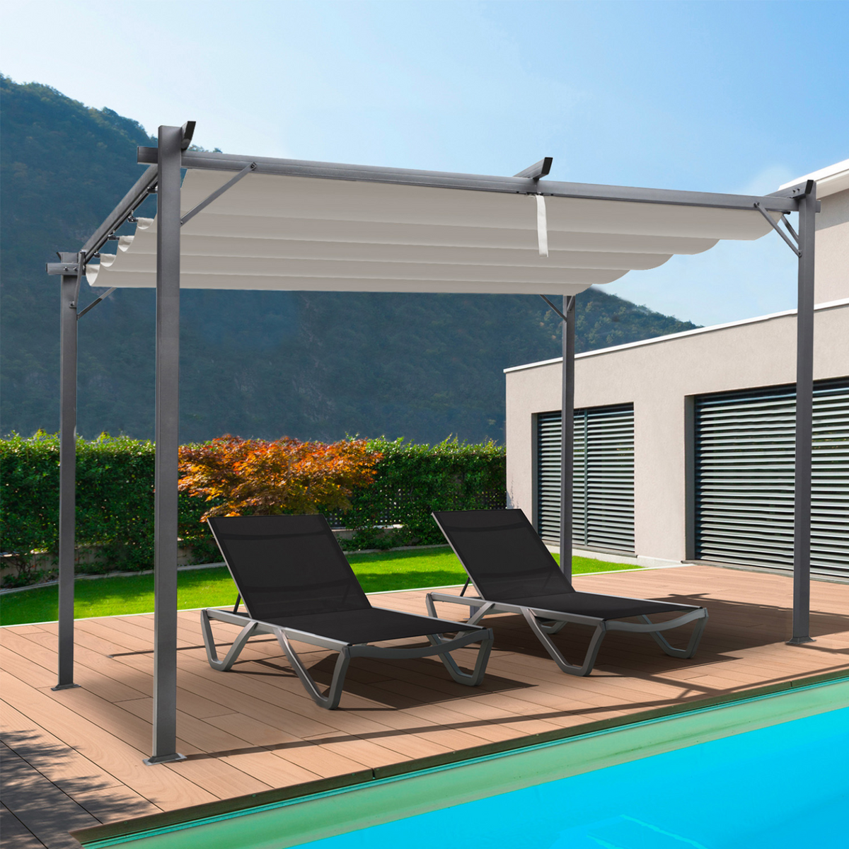Pergola édition spéciale à toit rétractable 3x4 m et 4 stores taupe