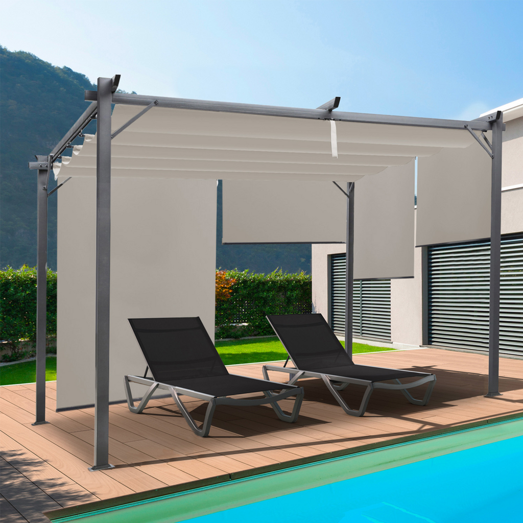 Pergola édition spéciale à toit rétractable 3x4 m et 4 stores taupe