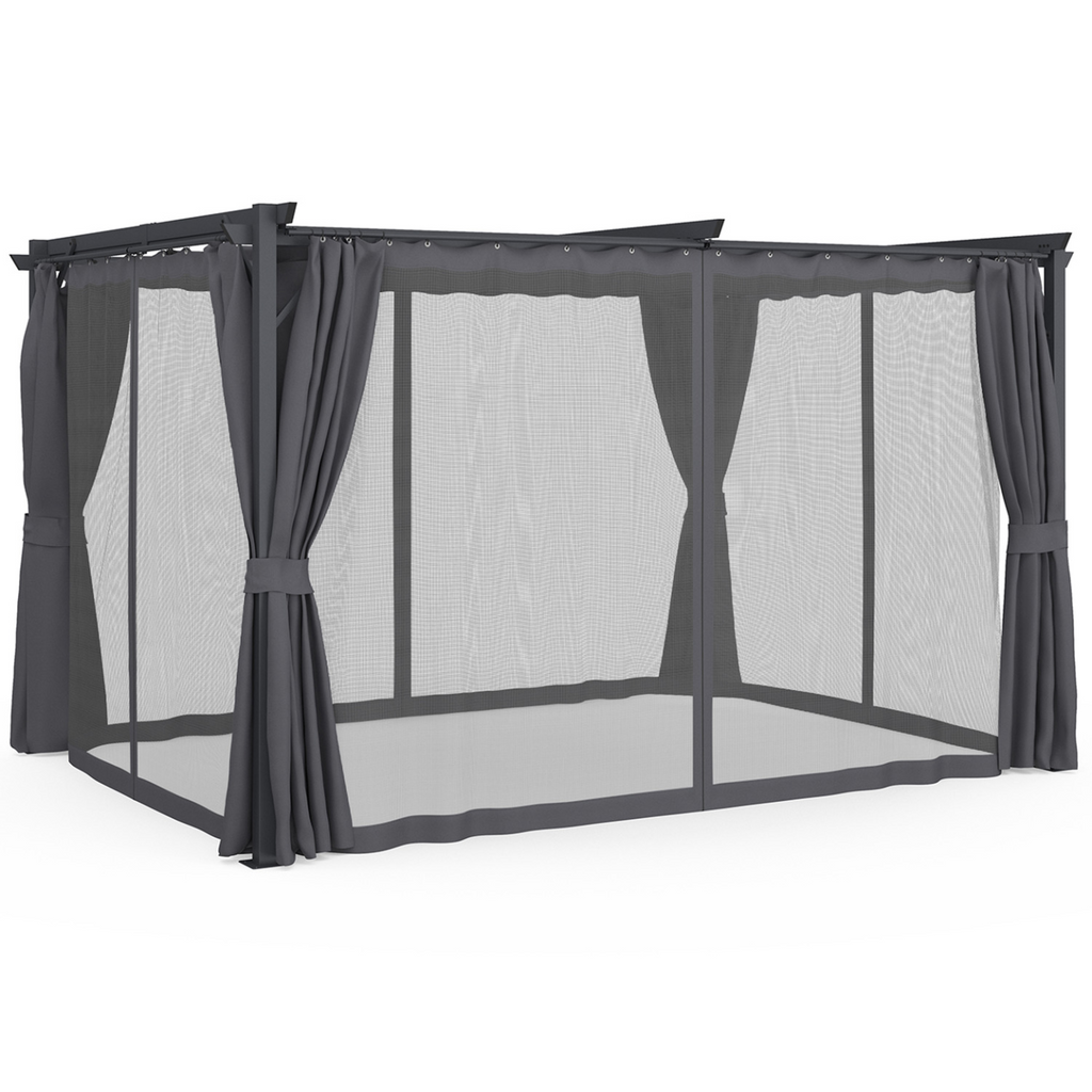 Pergola édition intégrale, moustiquaire, toit rétractable 3x4 m et 4 rideaux gris