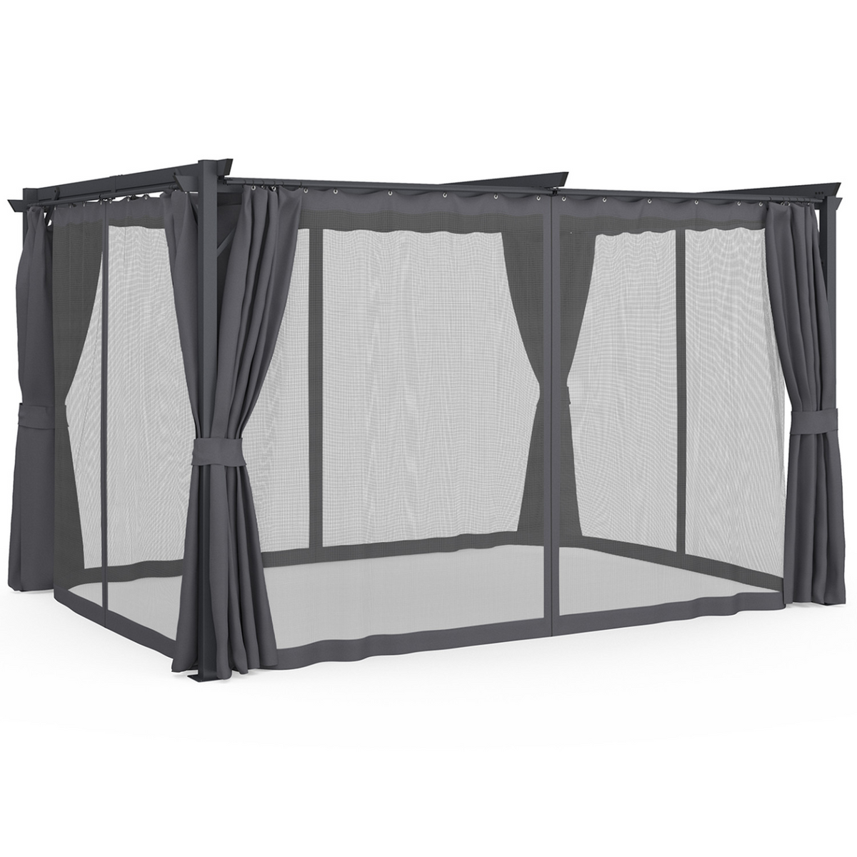 Pergola édition intégrale, moustiquaire, toit rétractable 3x4 m et 4 rideaux gris