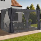 Pergola édition intégrale, moustiquaire, toit rétractable 3x4 m et 4 rideaux gris