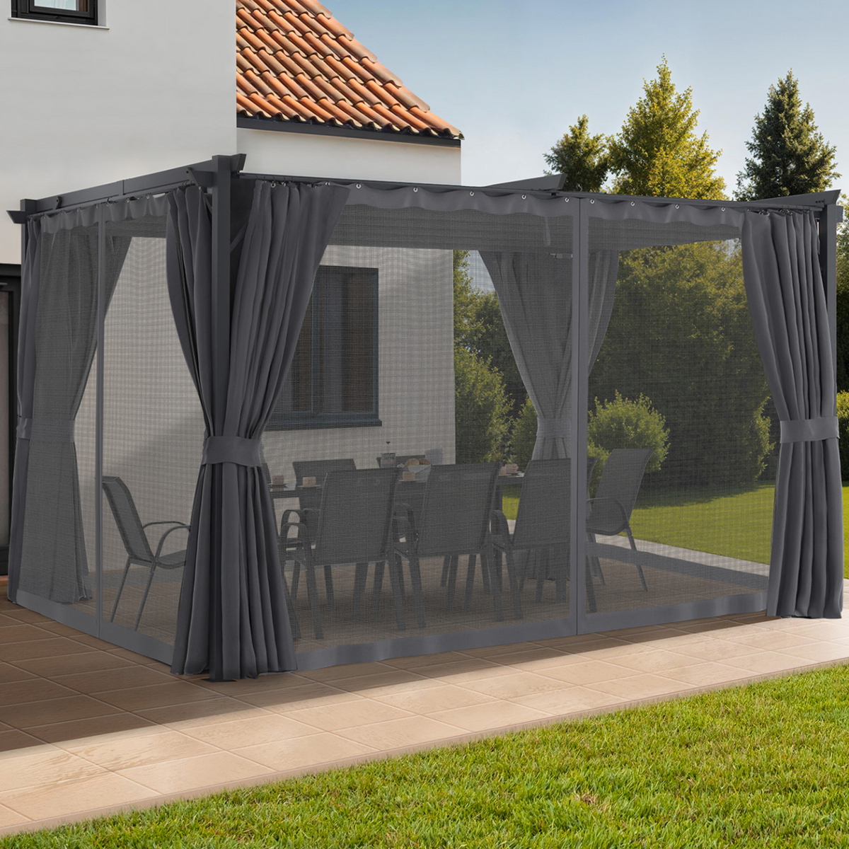 Pergola édition intégrale, moustiquaire, toit rétractable 3x4 m et 4 rideaux gris