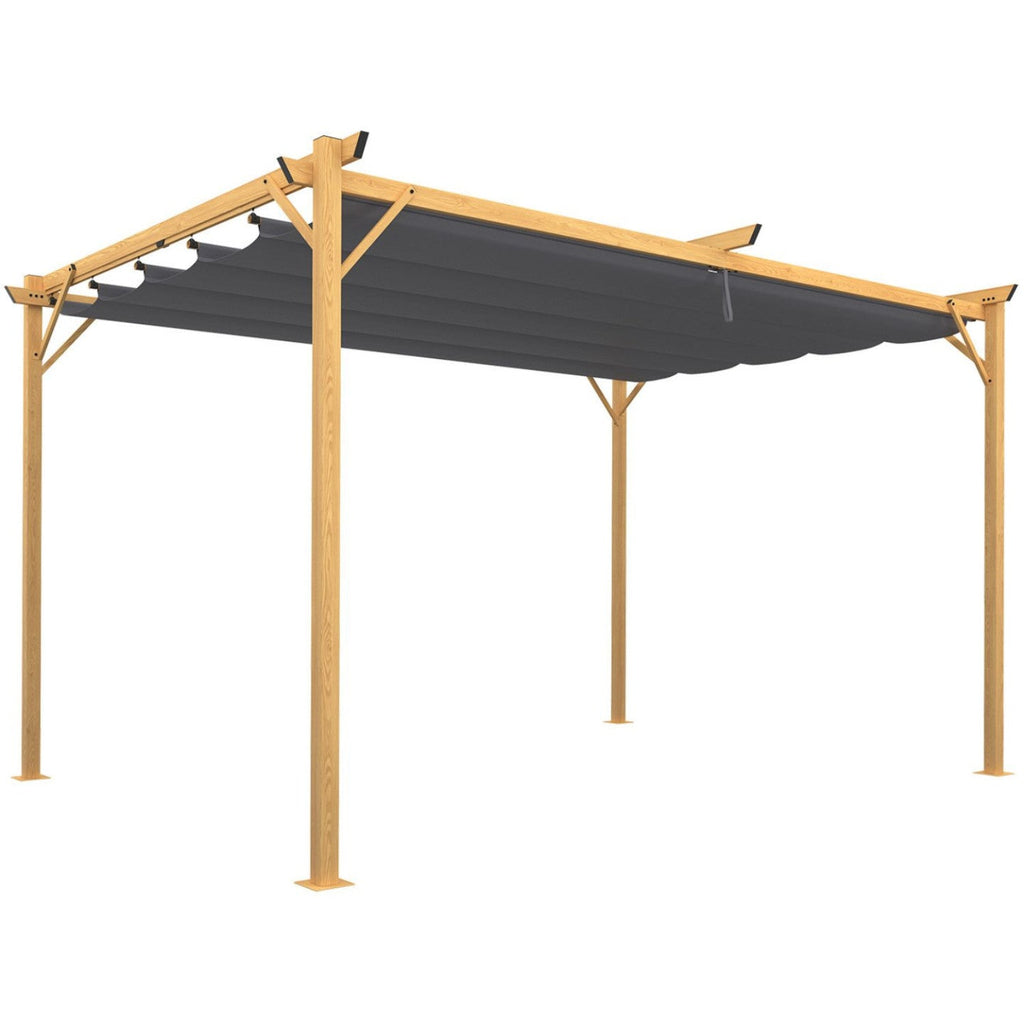 Pergola à toit rétractable 4 pieds 3x4 m, tonnelle effet bois, toile gris anthracite