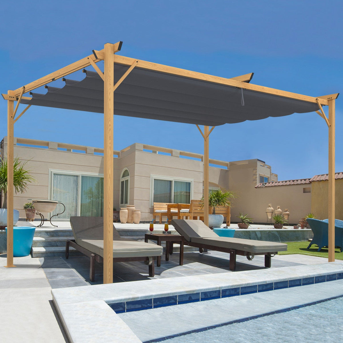 Pergola à toit rétractable 4 pieds 3x4 m, tonnelle effet bois, toile gris anthracite