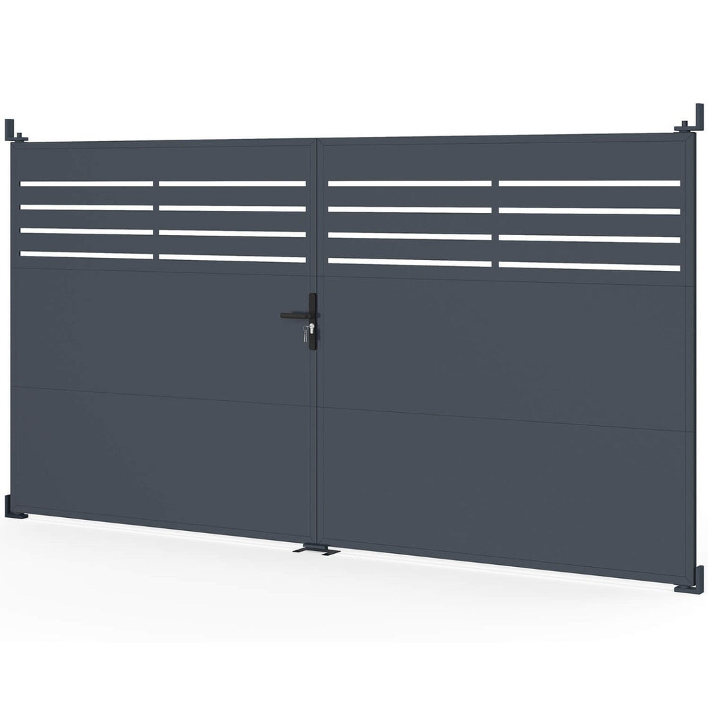 Portail battant 300 x 160 cm en acier ajouré gris anthracite