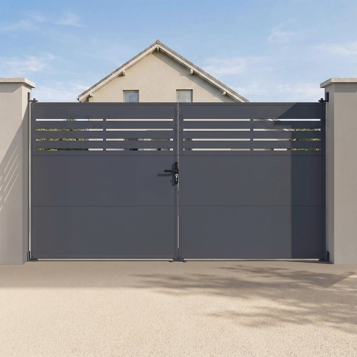 Portail battant 300 x 160 cm en acier ajouré gris anthracite