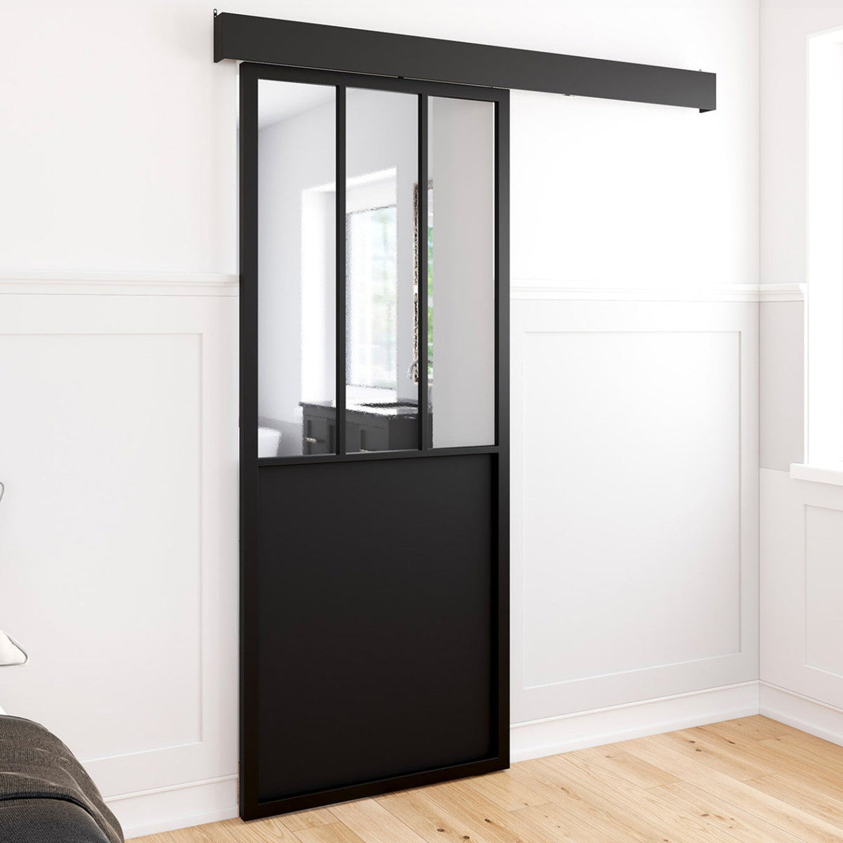 Kit porte coulissante style verrière 83 cm en métal + MDF avec rail et fixations