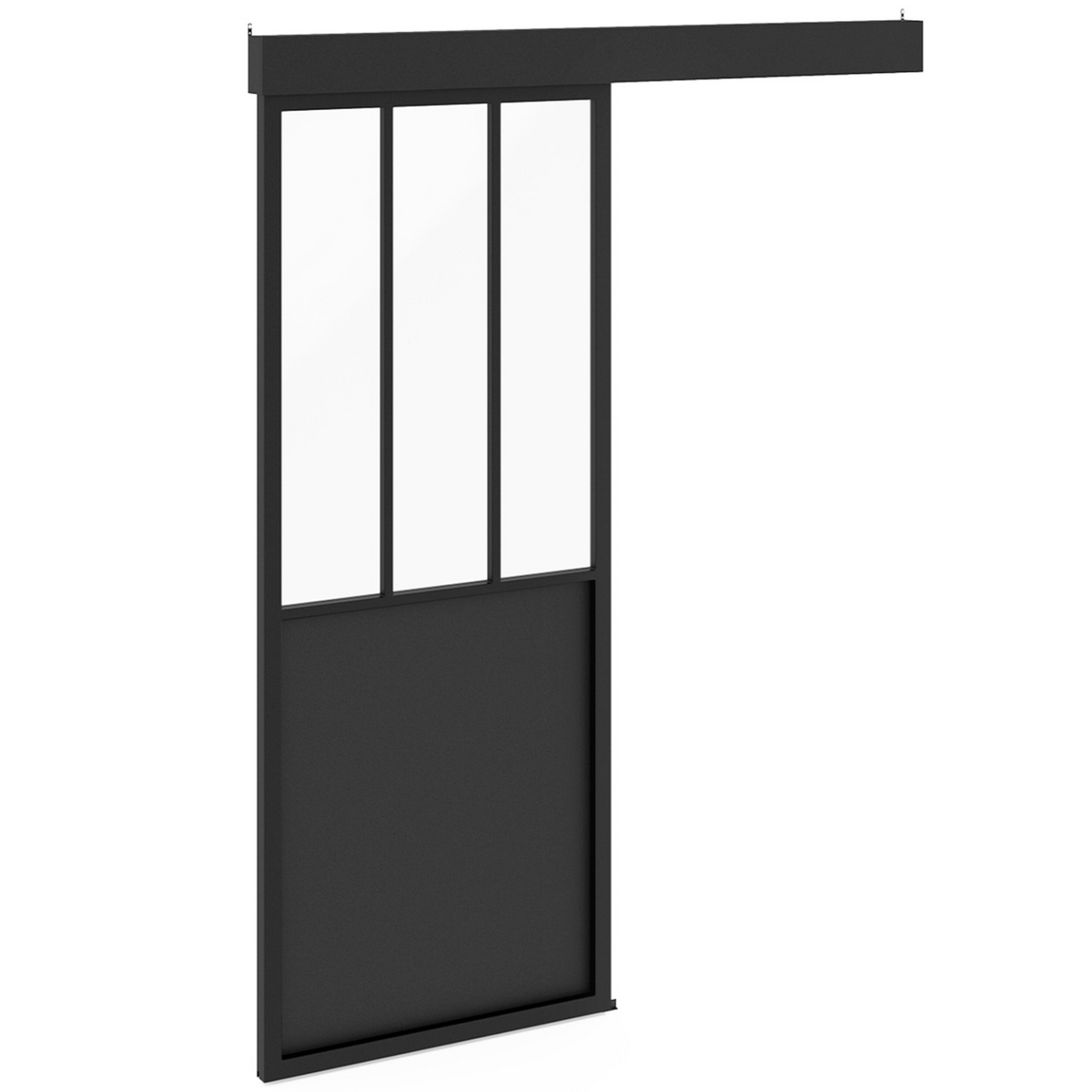 Kit porte coulissante style verrière 83 cm en métal + MDF avec rail et fixations