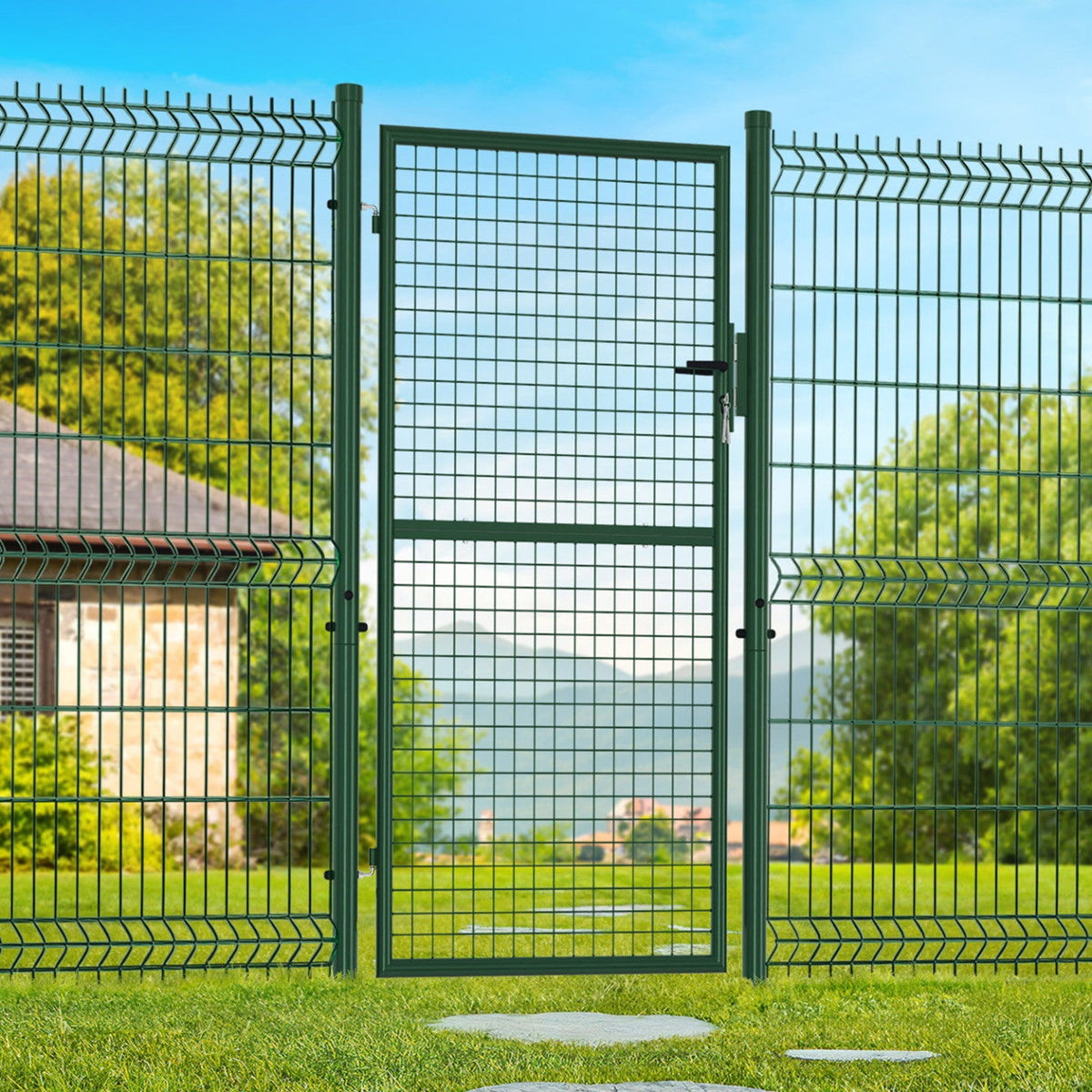 Portillon de jardin 105 x 175 cm en acier avec serrure et poignée vert