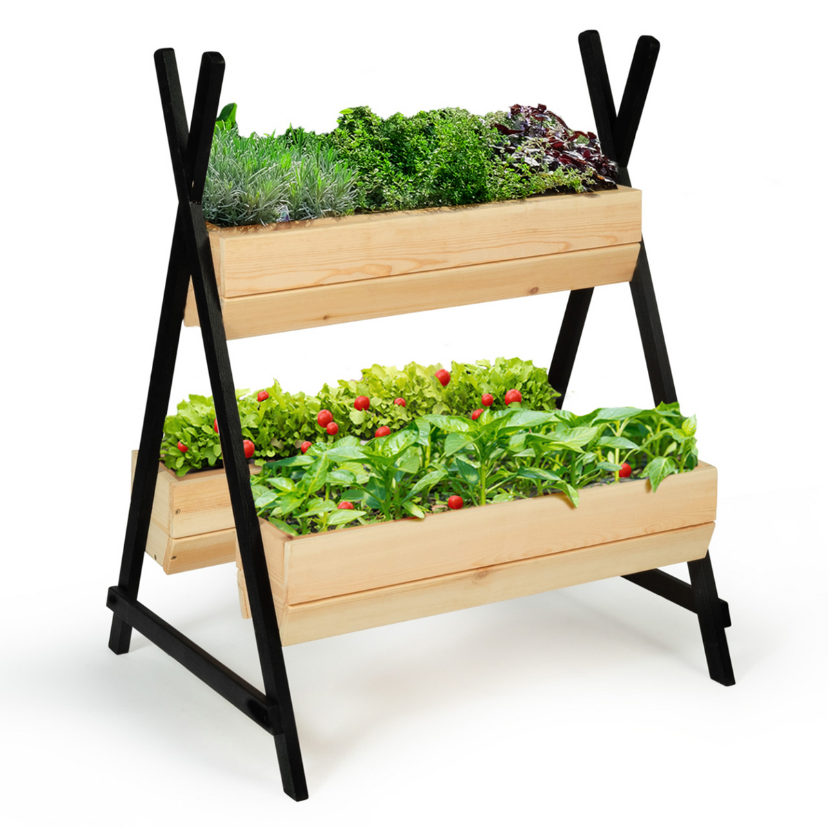 Potager PATY 3 bacs en bois finitions noires jardinière tipi