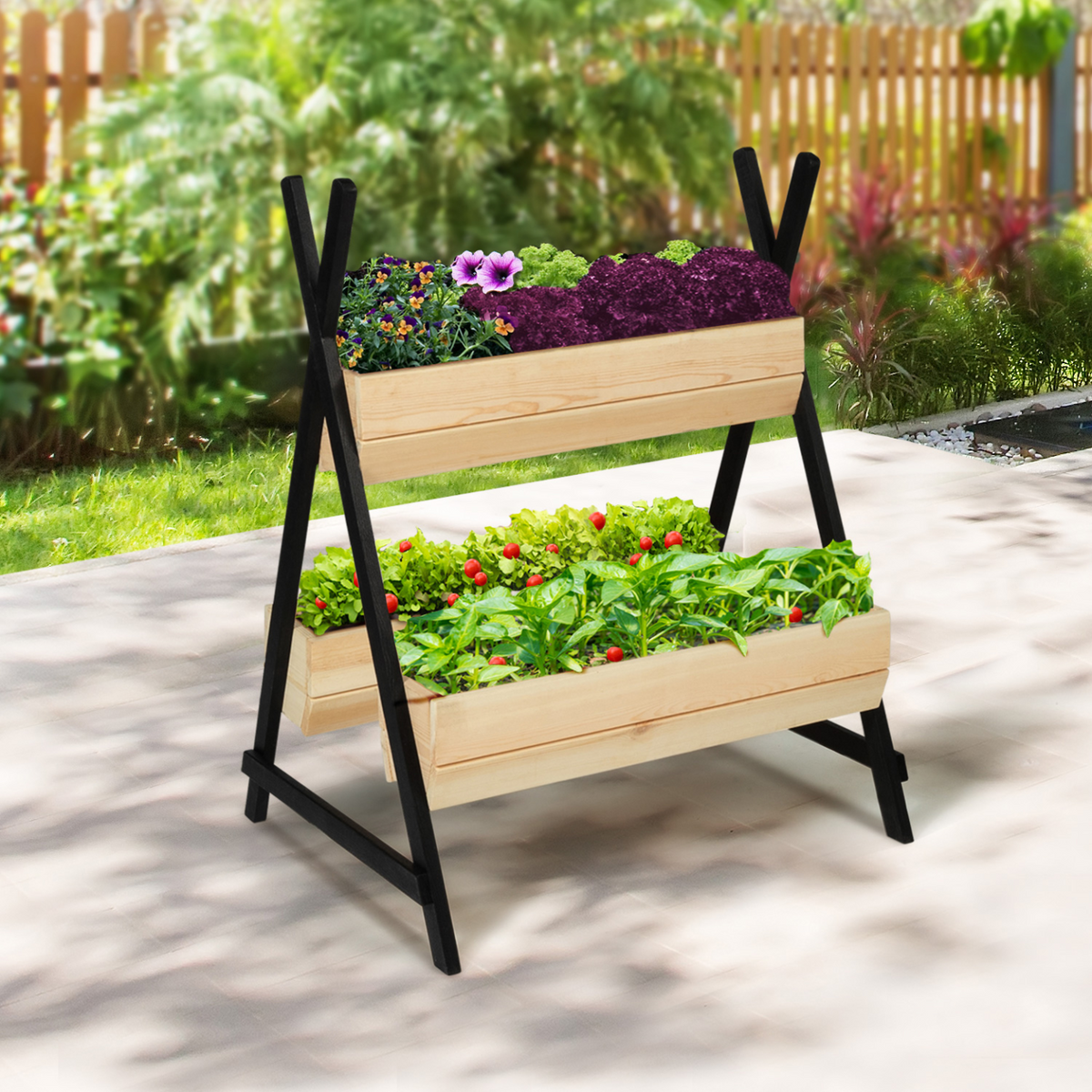 Potager PATY 3 bacs en bois finitions noires jardinière tipi