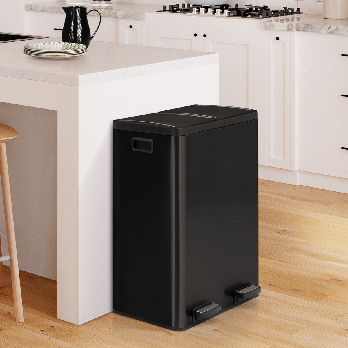 Poubelle de cuisine de tri sélectif 2 x 30L noire, 2 seaux amovibles et pédales en métal