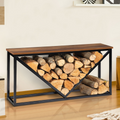 Range-bûches horizontal HAWKINS en acier noir avec plateau en bois foncé pour cheminée