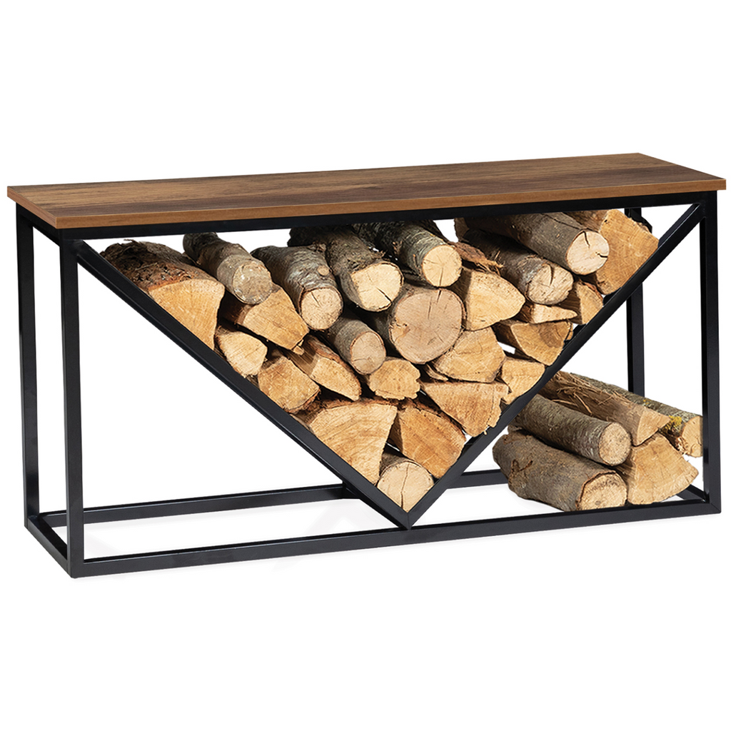 Range-bûches horizontal HAWKINS en acier noir avec plateau en bois foncé pour cheminée